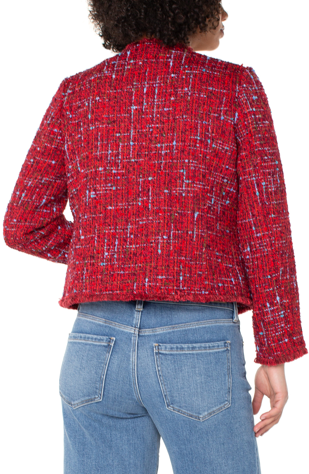 COLLARLESS JACKET W/FRAYED EDGES - RED MULTI BOUCLE