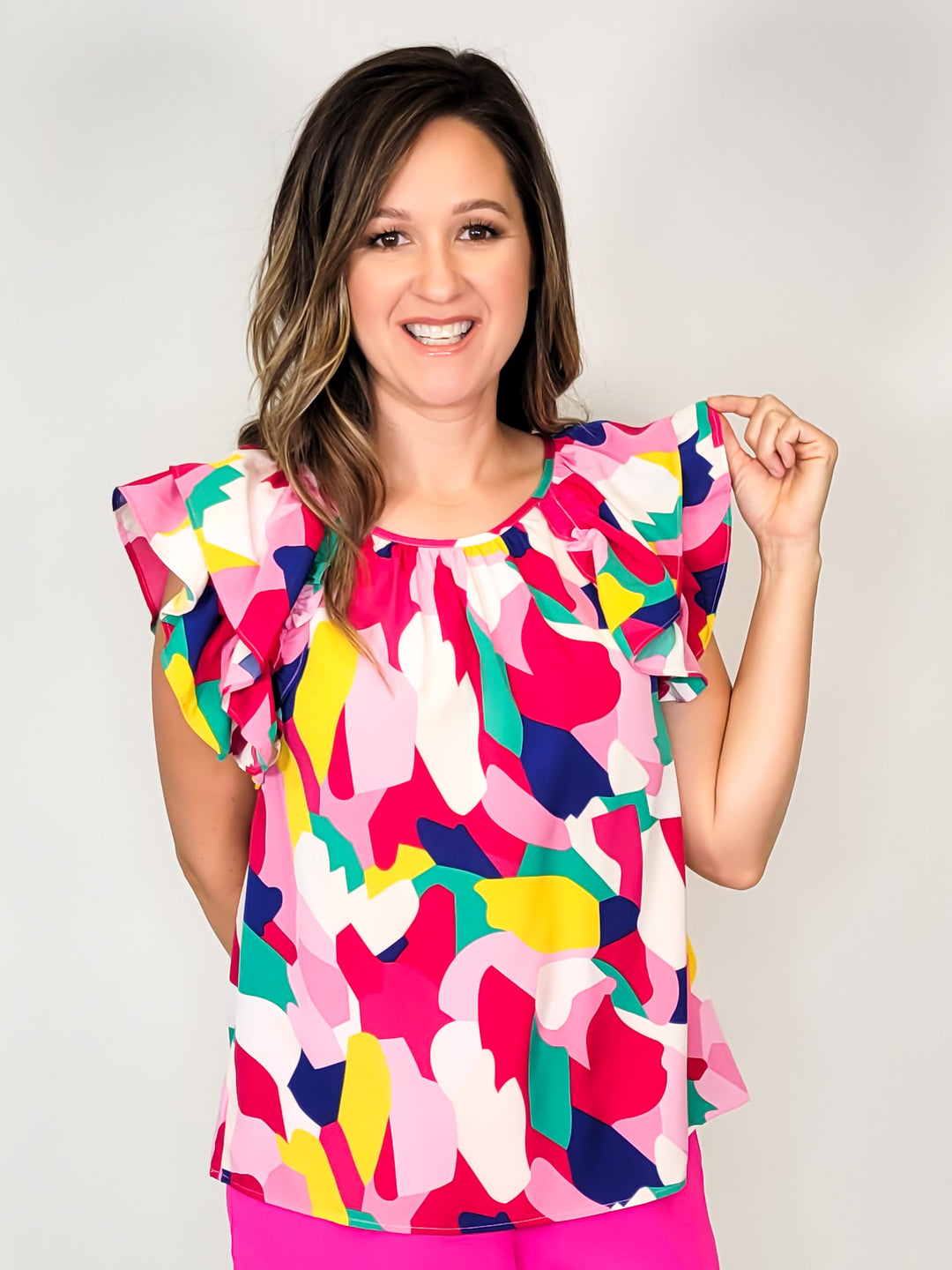 PRINTED LAYERED RUFFLE SLEEVE TOP - RED MIX
