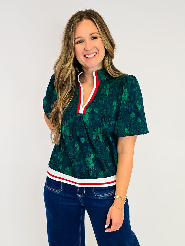 BUBBLE SLEEVE STRIPE RIBBED DETAIL FLORAL KNIT TOP - GREEN