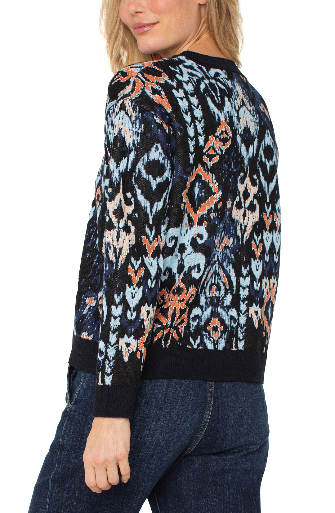 LONG SLEEVE DROPPED SHOULDER JACQUARD SWEATER - BLUE MULTI IKAT