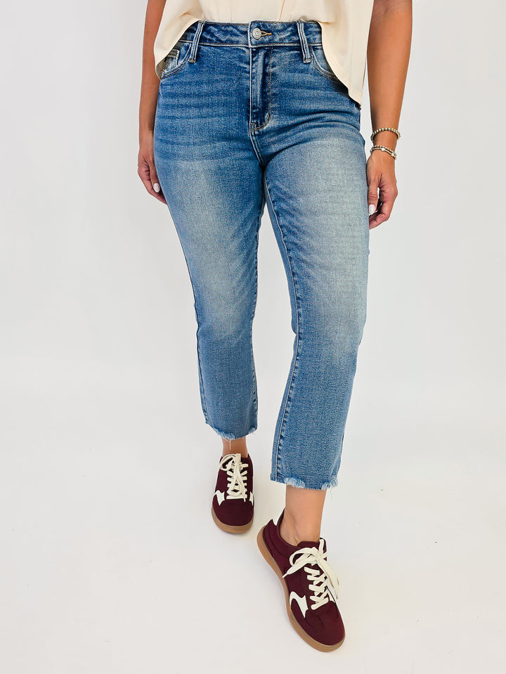 JUDY BLUE MR DESTROY HEM KICK FLARE JEANS - VINTAGE MED - 26" INSEAM