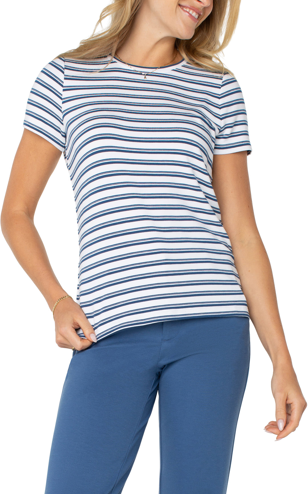 SHORT SLEEVE CREW NECK CLASSIC KNIT TEE - WHITE/INDIGO