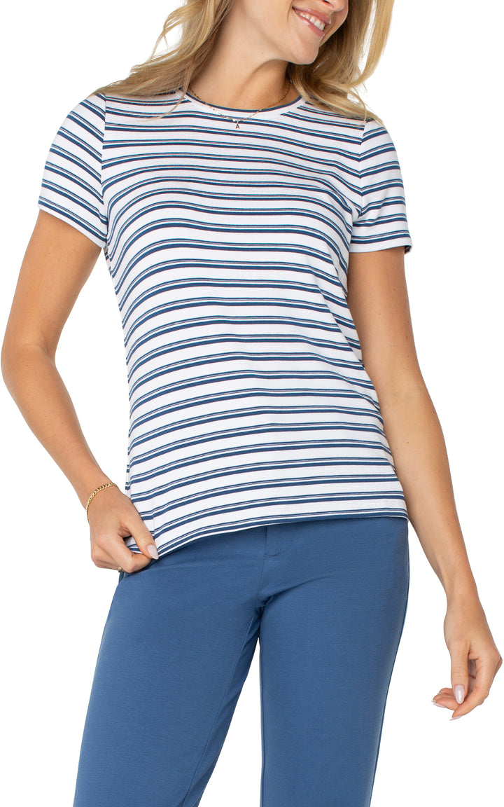 SHORT SLEEVE CREW NECK CLASSIC KNIT TEE - WHITE/INDIGO