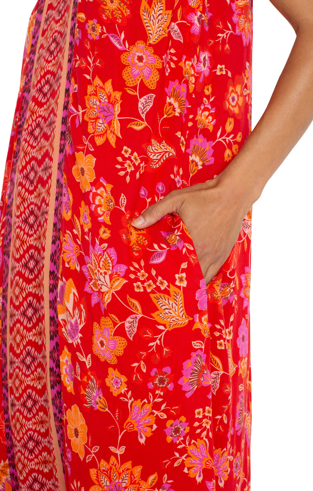 SPAGHETTI STRAP WOVEN MAXI DRESS - RED ORANGE FLORAL