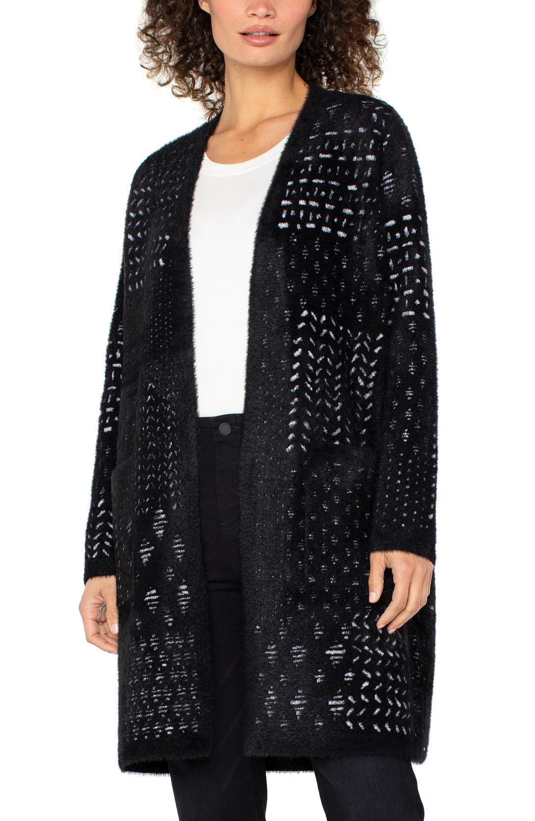 LONG SLEEVE COLLARLESS OPEN FRONT SWEATER COAT - BLACK/WHITE PATCHWORK