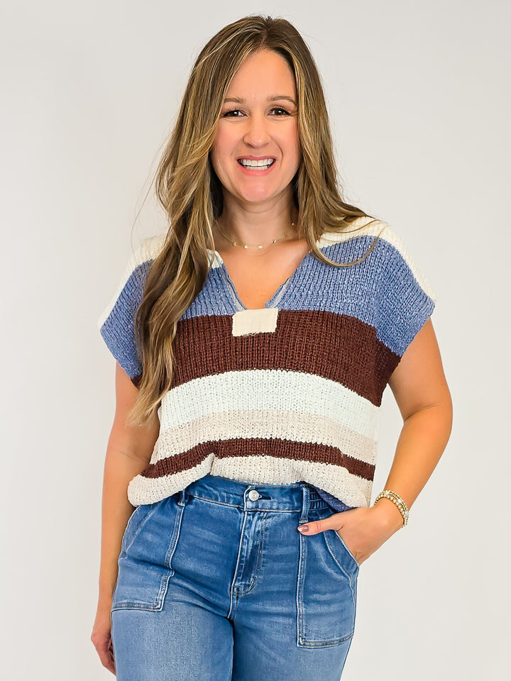 STRIPED CAP SLEEVE SWEATER - FROSTED MOCHA