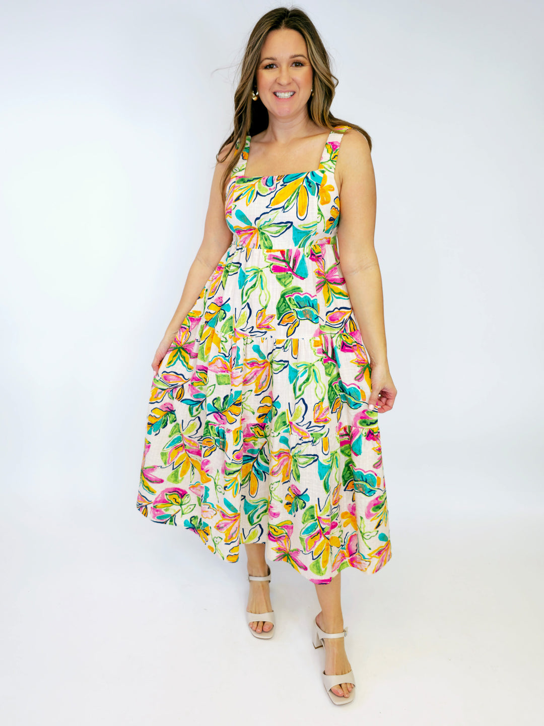 PRINTED COTTON RAYON SLUB MAXI DRESS - CREAM