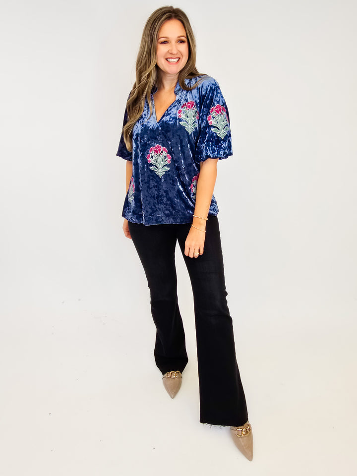 FLORAL PRINT VELVET BUBBLE SLEEVE EMBROIDERED TOP - DENIM