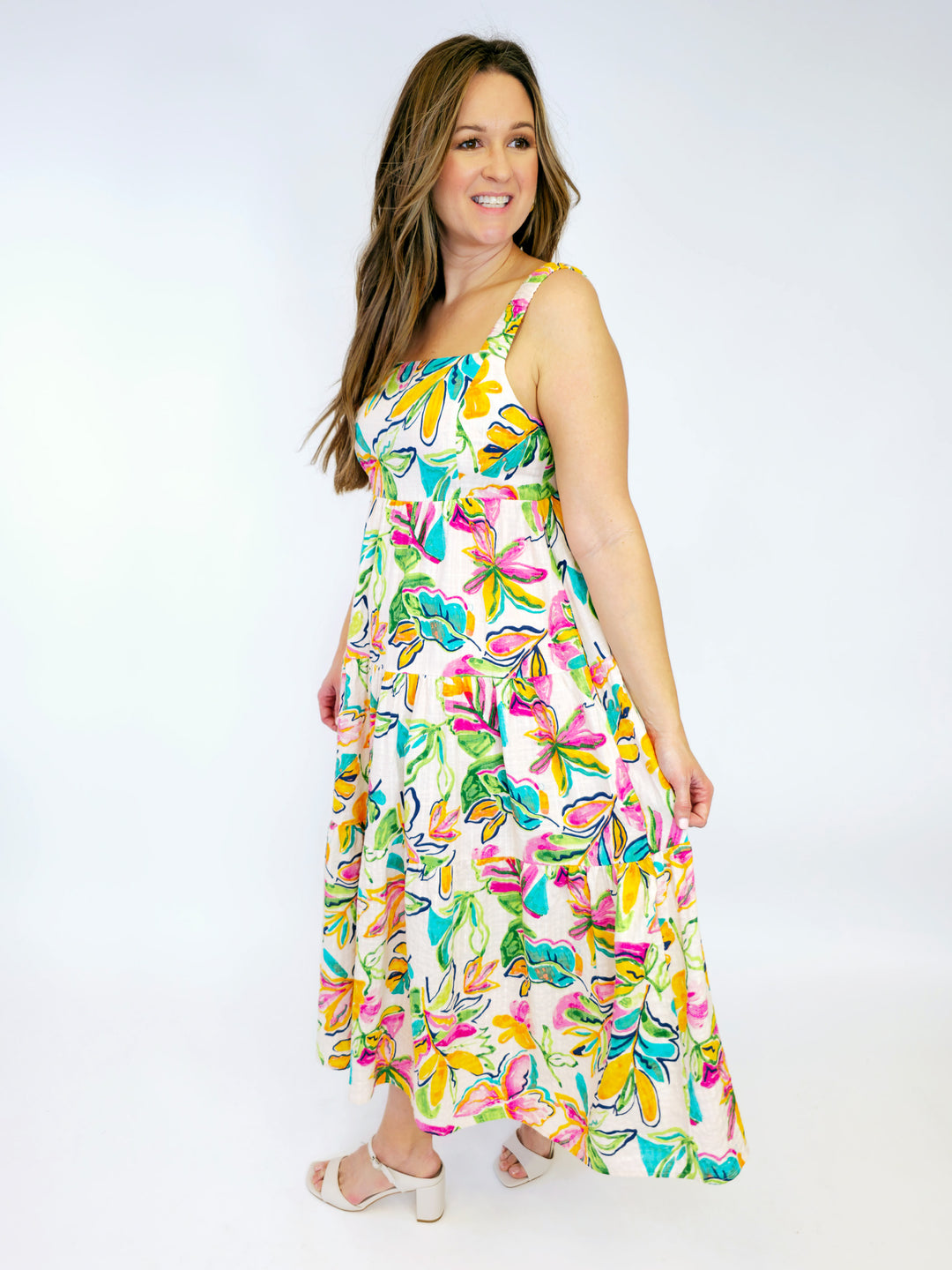 PRINTED COTTON RAYON SLUB MAXI DRESS - CREAM