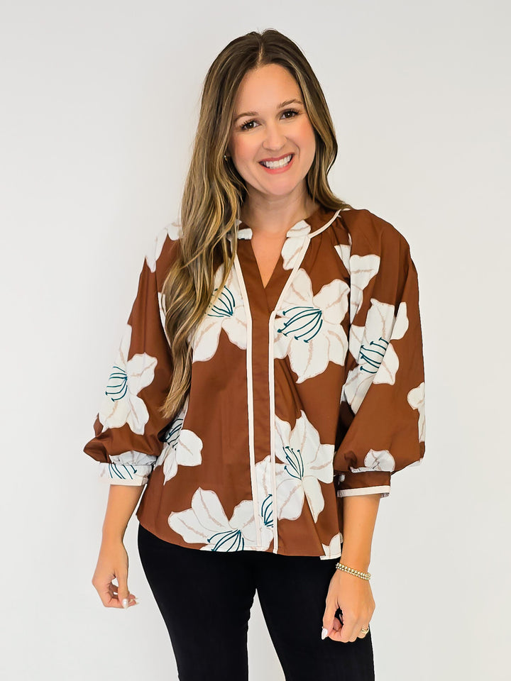 3/4 PUFF SLEEVE FLORAL TOP - BROWN