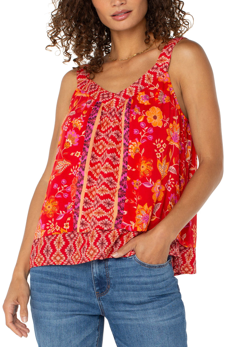 SLEEVELESS V-NECK WOVEN TANK W/SMOCKING - RED ORANGE