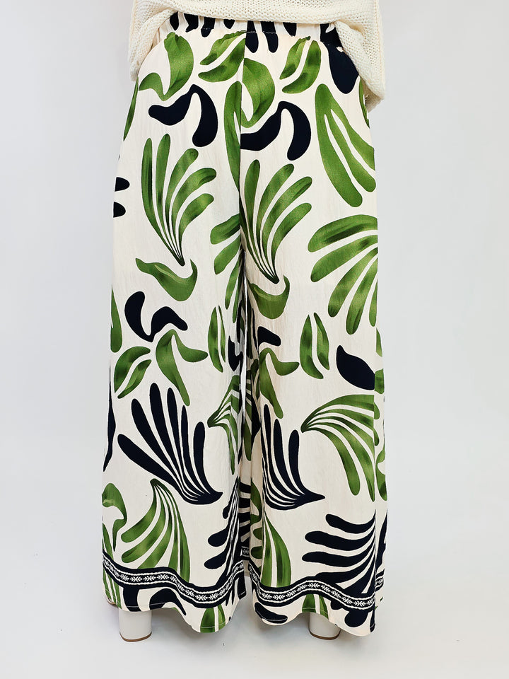 MIX TROPICAL LEAF PRINT WIDE LEG PANTS - OLIVE MIX