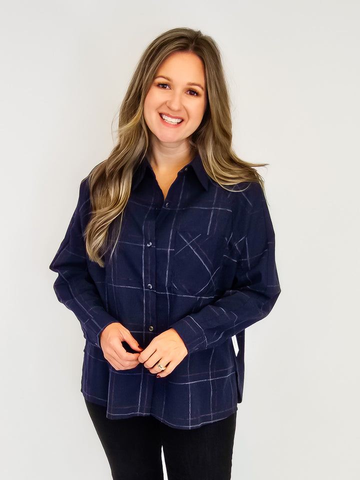 COLLARED CHECK PATTERN LONG SLEEVE SHIRT - NAVY