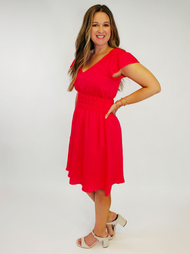 DOUBLE V-NECK FLUTTER SLEEVE SMOCKED SHORT DRESS - RED