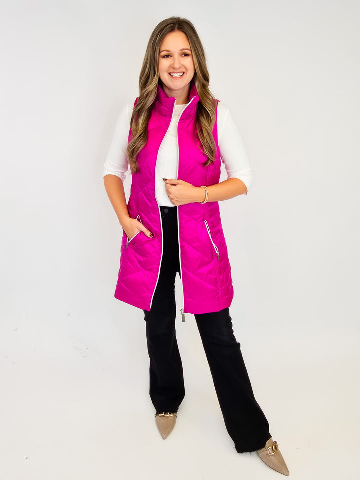 ANORAK CHEVRON QUILTED PACKABLE PUFF VEST W/BAG - HOT PINK