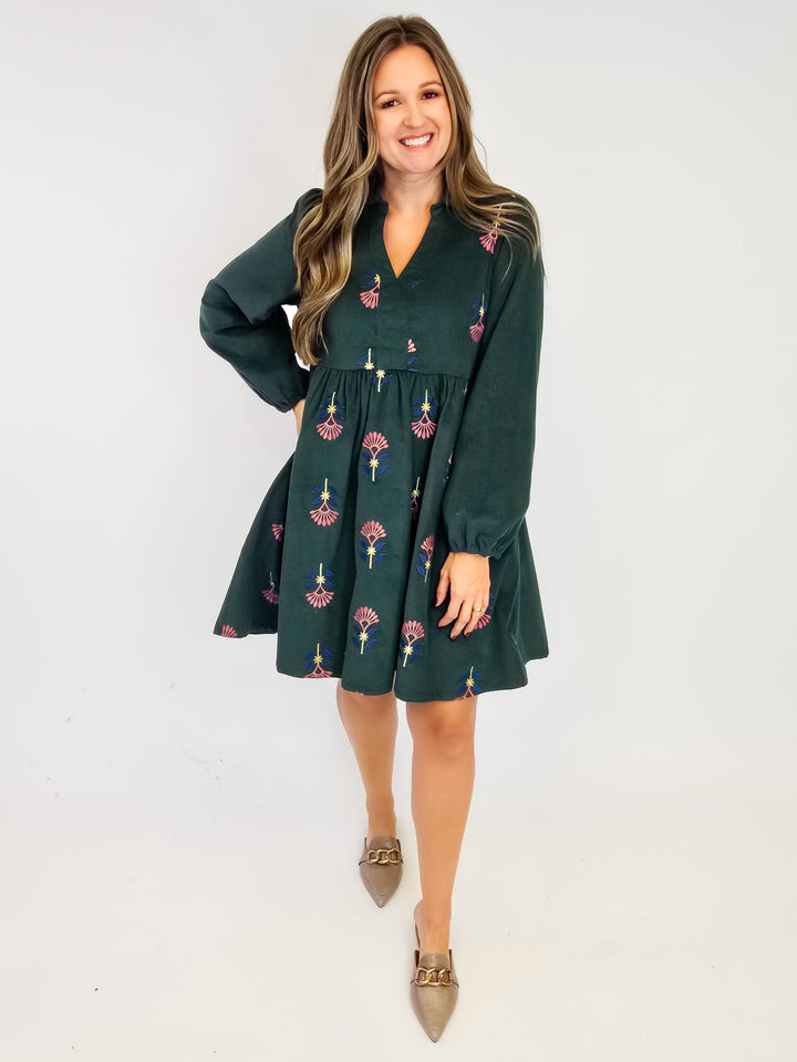 CORDUROY EMBROIDERED BABY DOLL DRESS - PINE TREE