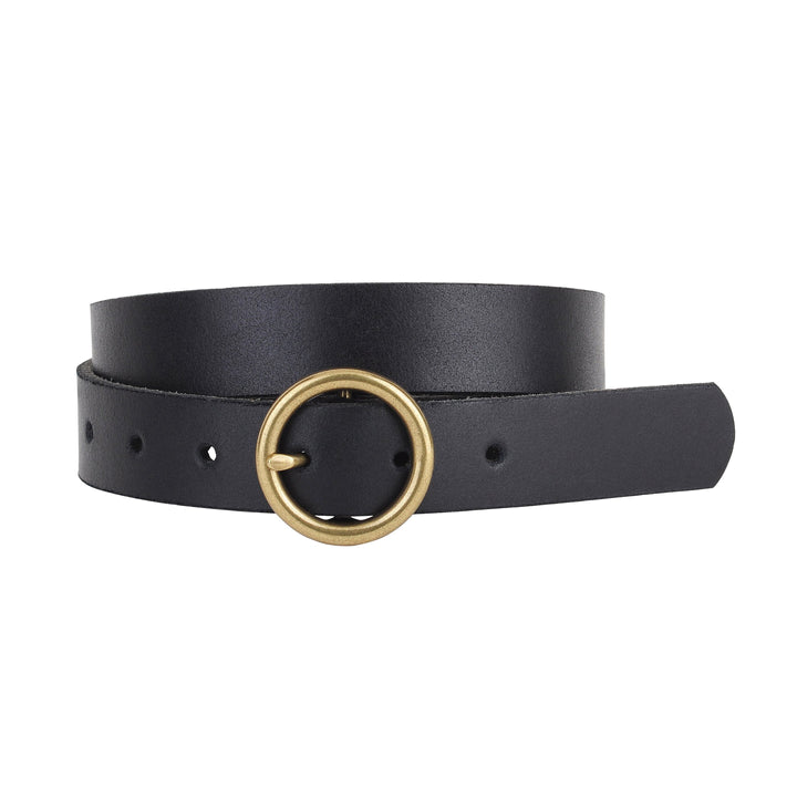 BRASS TONED CIRCLE BUCKLE LEATHER BELT - BLACK