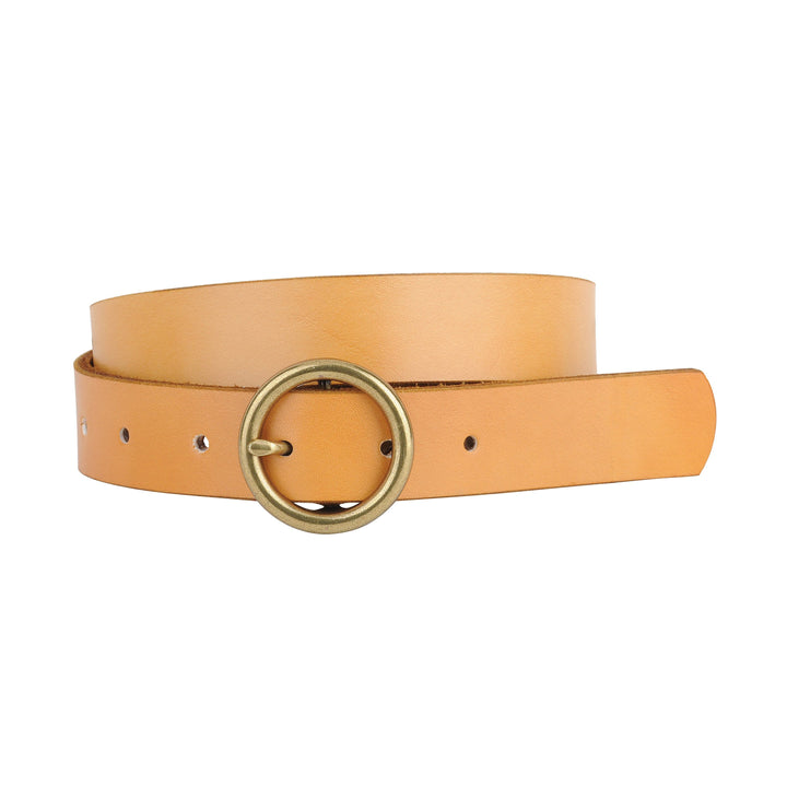 BRASS TONED CIRCLE BUCKLE LEATHER BELT - CAMEL