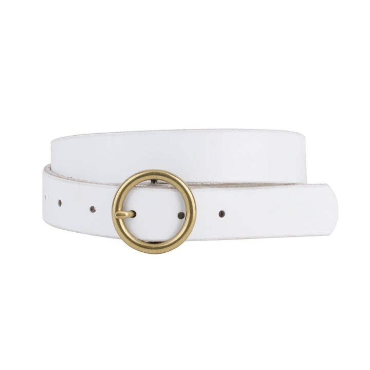 BRASS TONED CIRCLE BUCKLE LEATHER BELT - WHITE