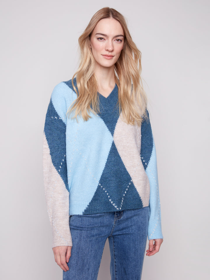 V-NECK ARGYLE JACQUARD SWEATER - DENIM