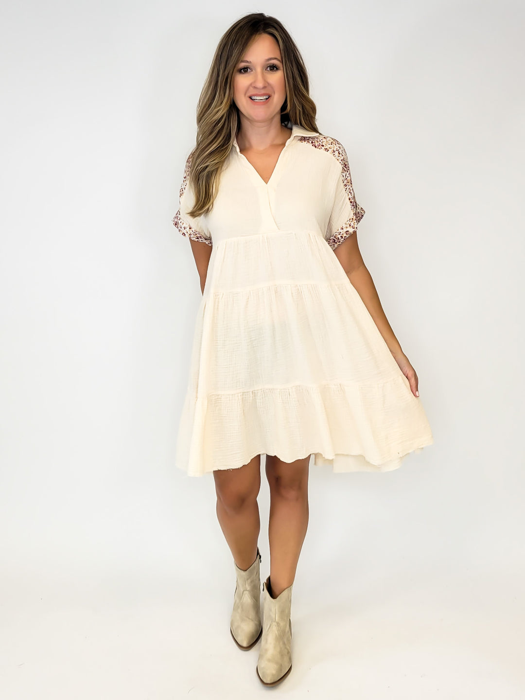 MIXED PRINT V-NECK COLLARED RUFFLE TIERED DRESS - CREAM