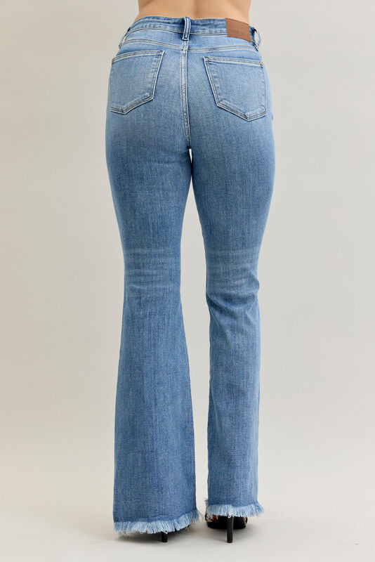 JUDY BLUE HW FRONT PINTUCK & FRAY HEM FLARE JEANS - MEDIUM WASH - 33" INSEAM