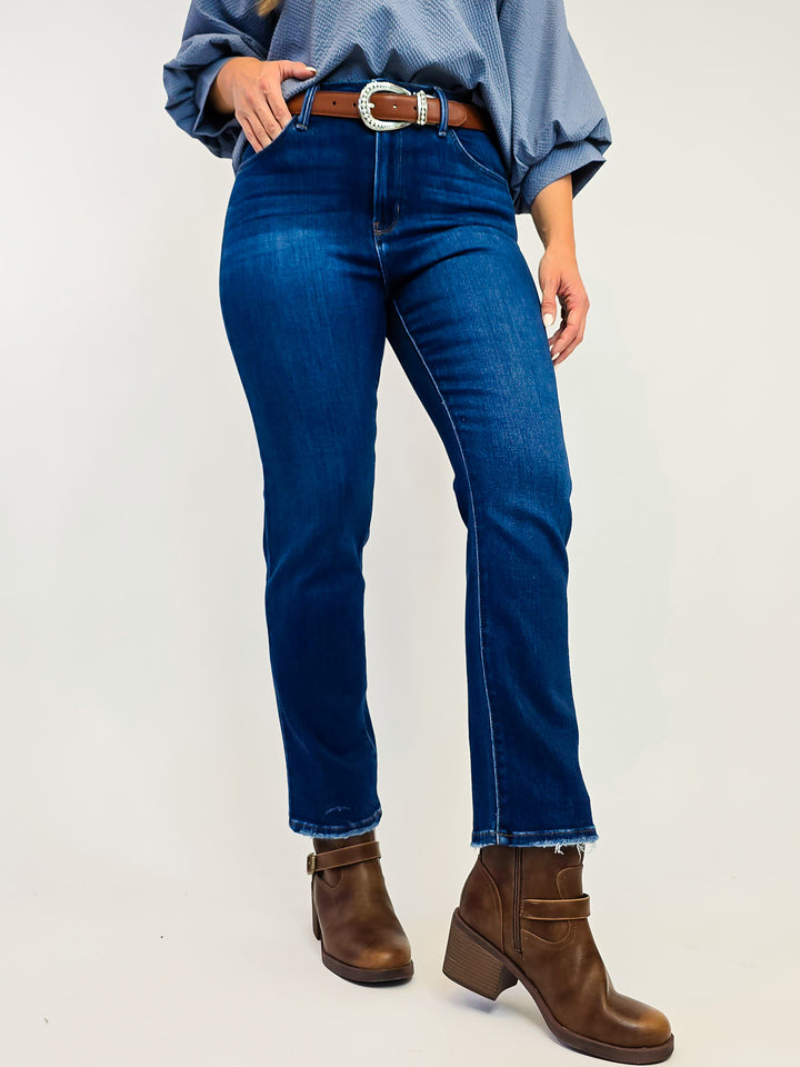 JBD MID RISE HEM DISTRESS SLIM STRAIGHT JEANS - DARK - 27" INSEAM