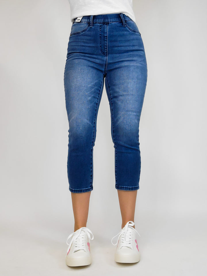 JUDY BLUE HIGH RISE PULL ON SKINNY CAPRI COOL DENIM - MED WASH