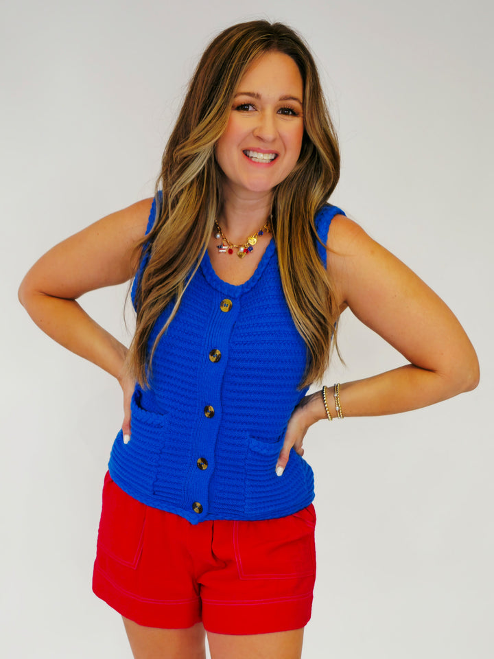 BUTTON UP SWEATER TANK - BLUE