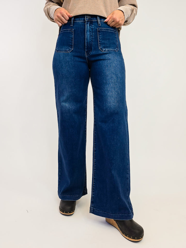 JBD HIGH RISE MINI PATCH POCKET WIDE LEG JEANS - DARK - 31" INSEAM