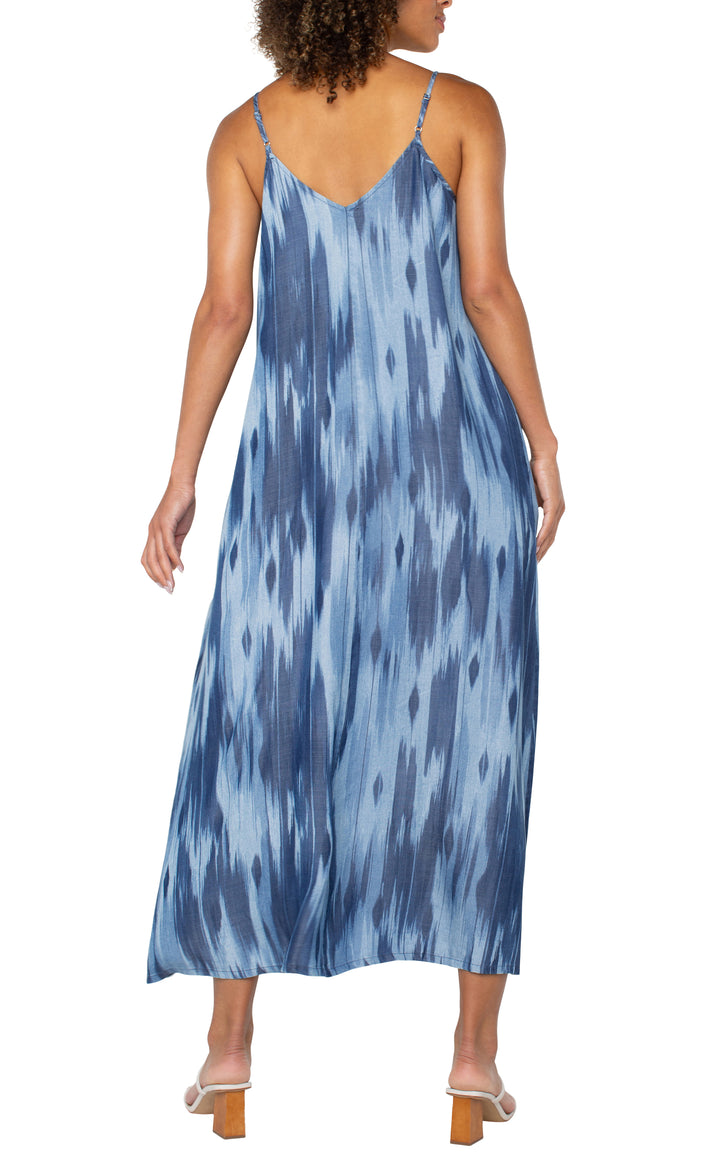 SPAGHETTI STRAP MAXI DRESS W/POCKETS - WATER COLORS BLUE