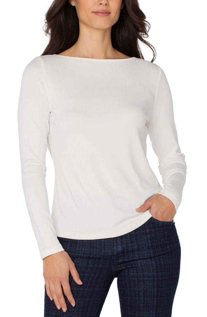LONG SLEEVE BOAT NECK KNIT TOP - WASHED CREAM
