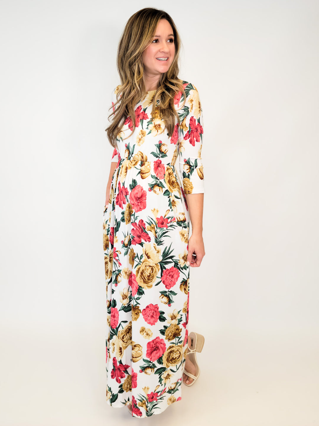 YVON FLORAL MAXI DRESS WITH 3/4 SLEEVES - IVORY/ROSE