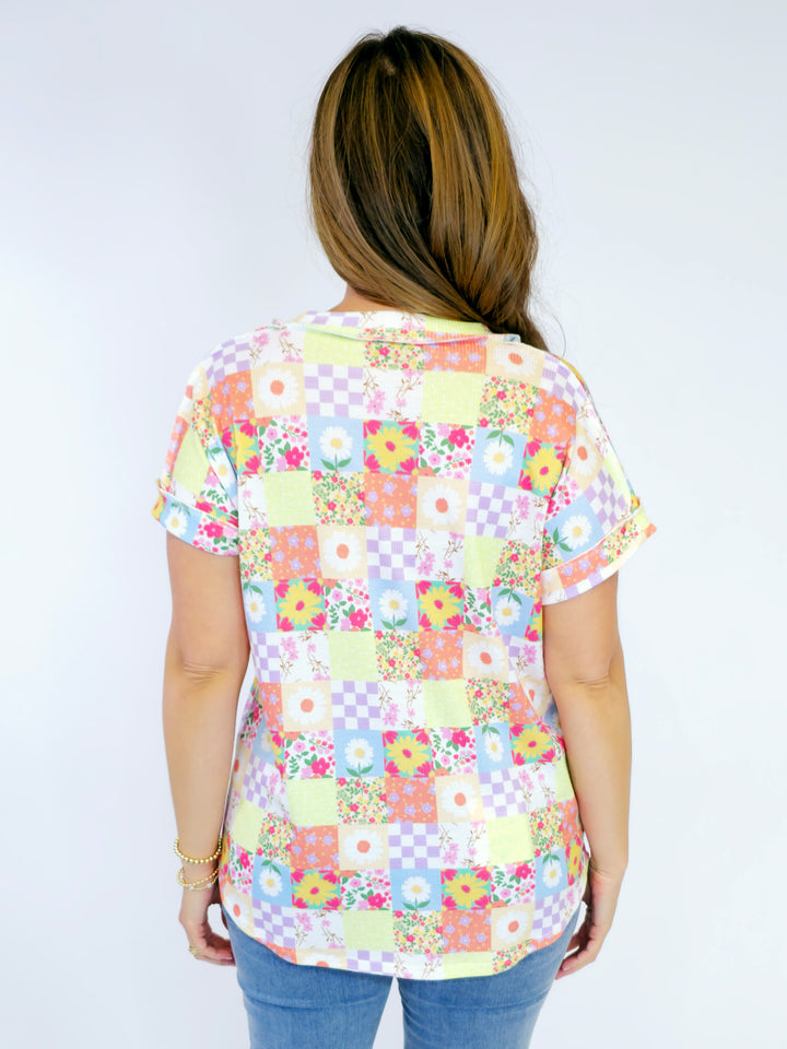 VNECK DOLMAN SHORT SLEEVE SQUARE PRINTED TOP - LAVENDER