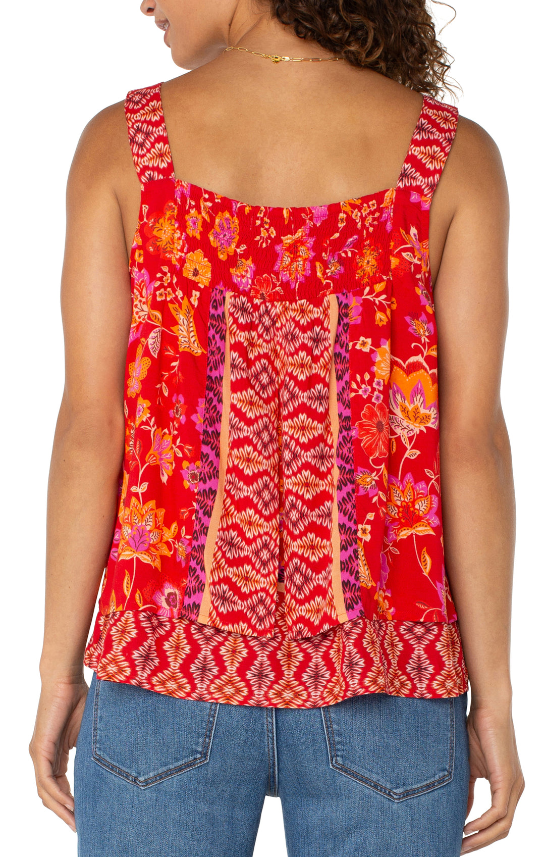 SLEEVELESS V-NECK WOVEN TANK W/SMOCKING - RED ORANGE