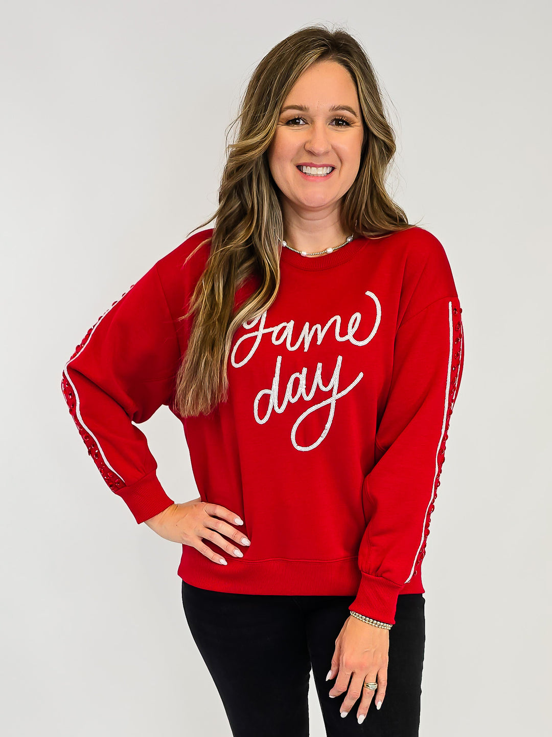 LONG SLEEVE SARAH GAME DAY SWEATSHIRT - CRIMSON/WHITE