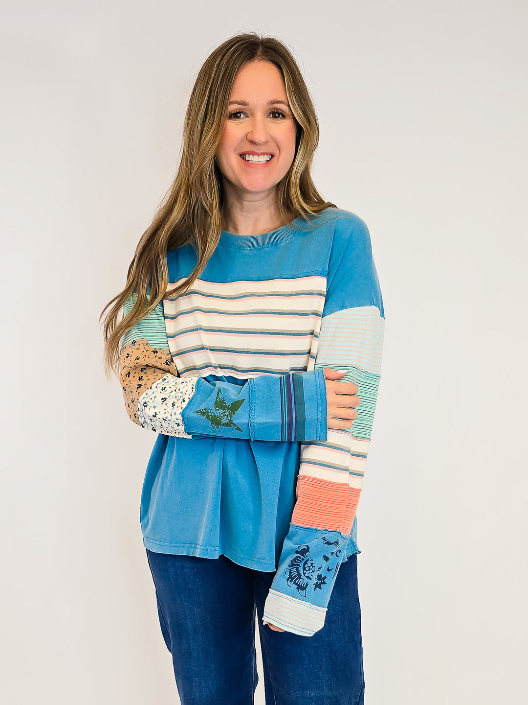 STRIPE MIX TERRY SOFT WASHED PULLOVER - FADED TEAL