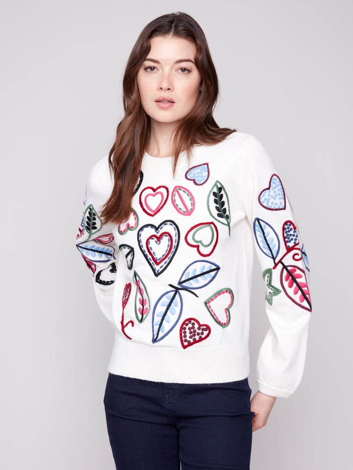 EMBROIDERED CREW NECK SWEATER W/PUFF SLEEVES - ECRU