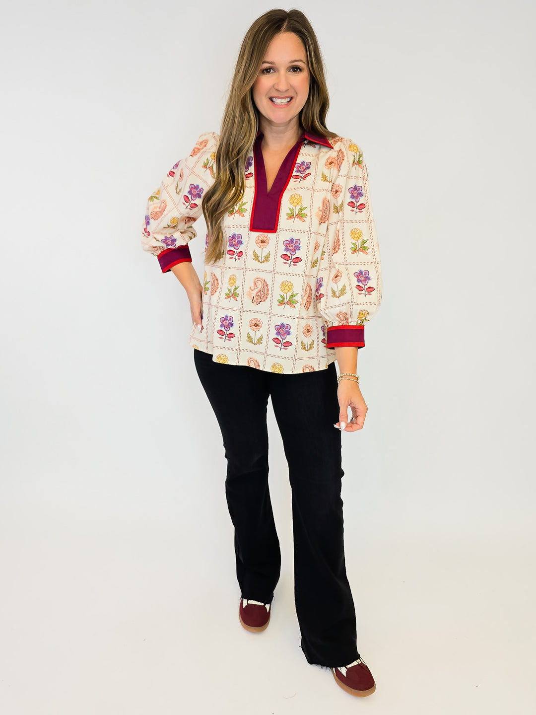 FLORAL PRINTED CONTRAST SPLIT NECK TOP - ECRU