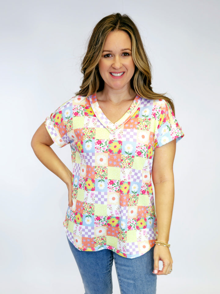 VNECK DOLMAN SHORT SLEEVE SQUARE PRINTED TOP - LAVENDER