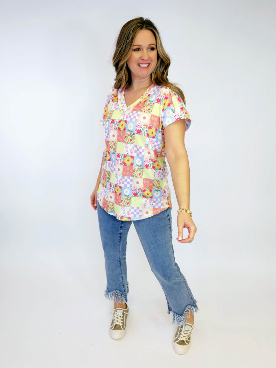 VNECK DOLMAN SHORT SLEEVE SQUARE PRINTED TOP - LAVENDER