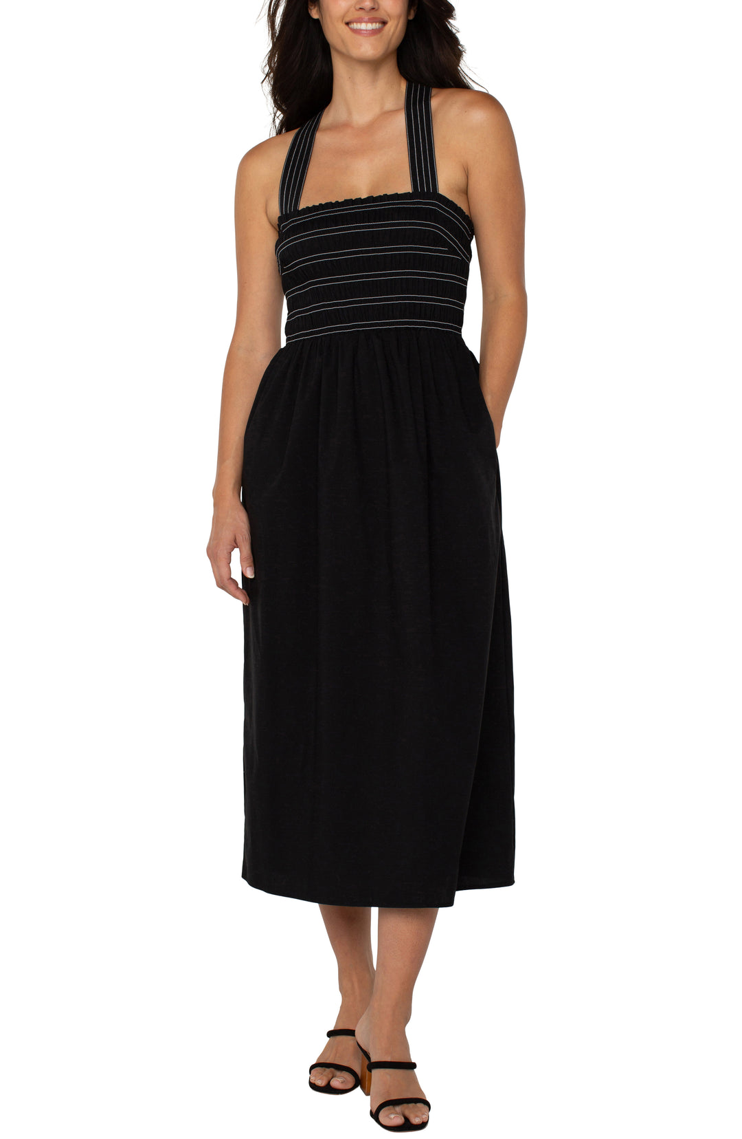 SLEEVELESS SMOCKED WOVEN MIDI DRESS - BLACK