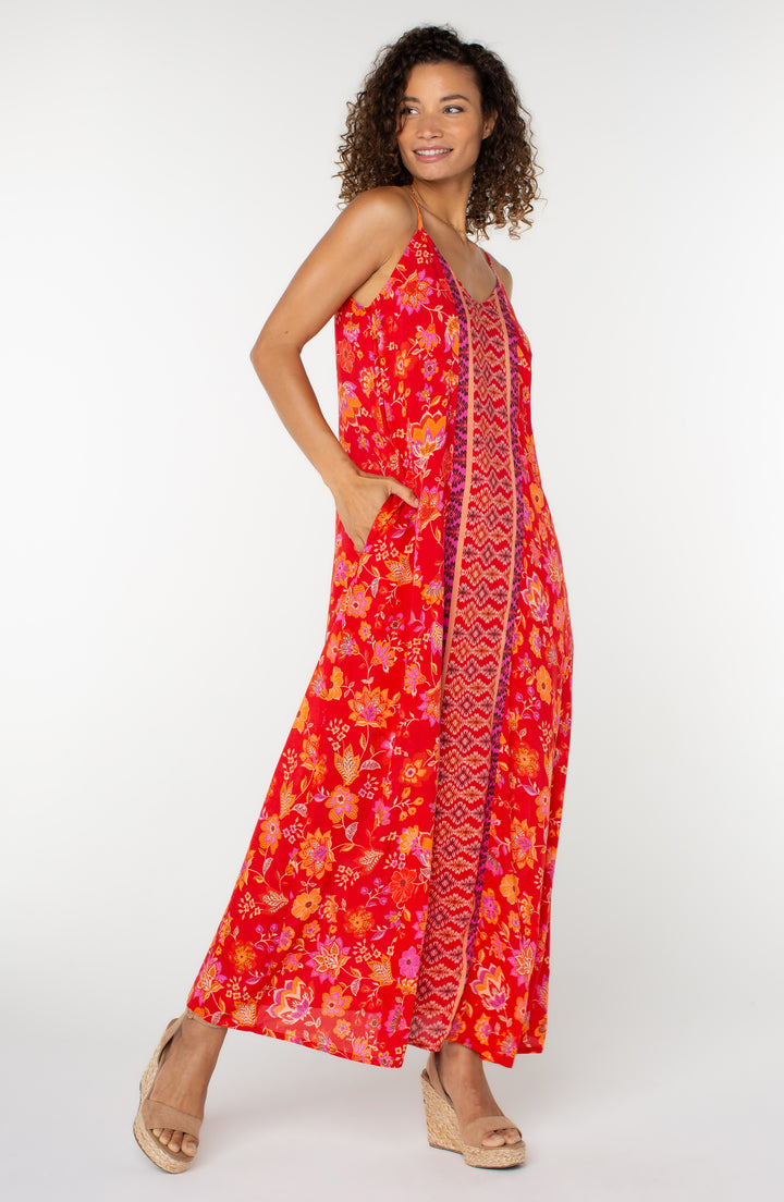 SPAGHETTI STRAP WOVEN MAXI DRESS - RED ORANGE FLORAL