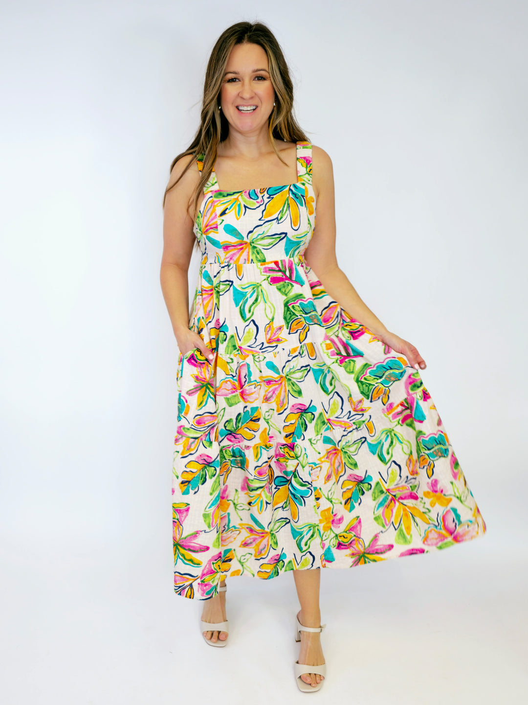 PRINTED COTTON RAYON SLUB MAXI DRESS - CREAM