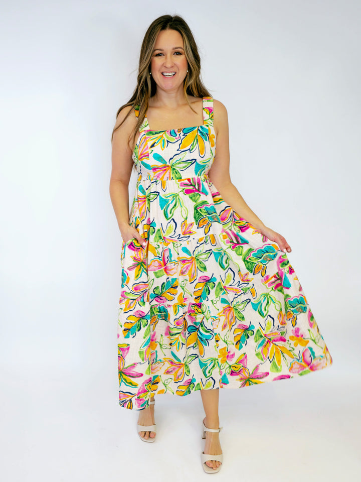 PRINTED COTTON RAYON SLUB MAXI DRESS - CREAM