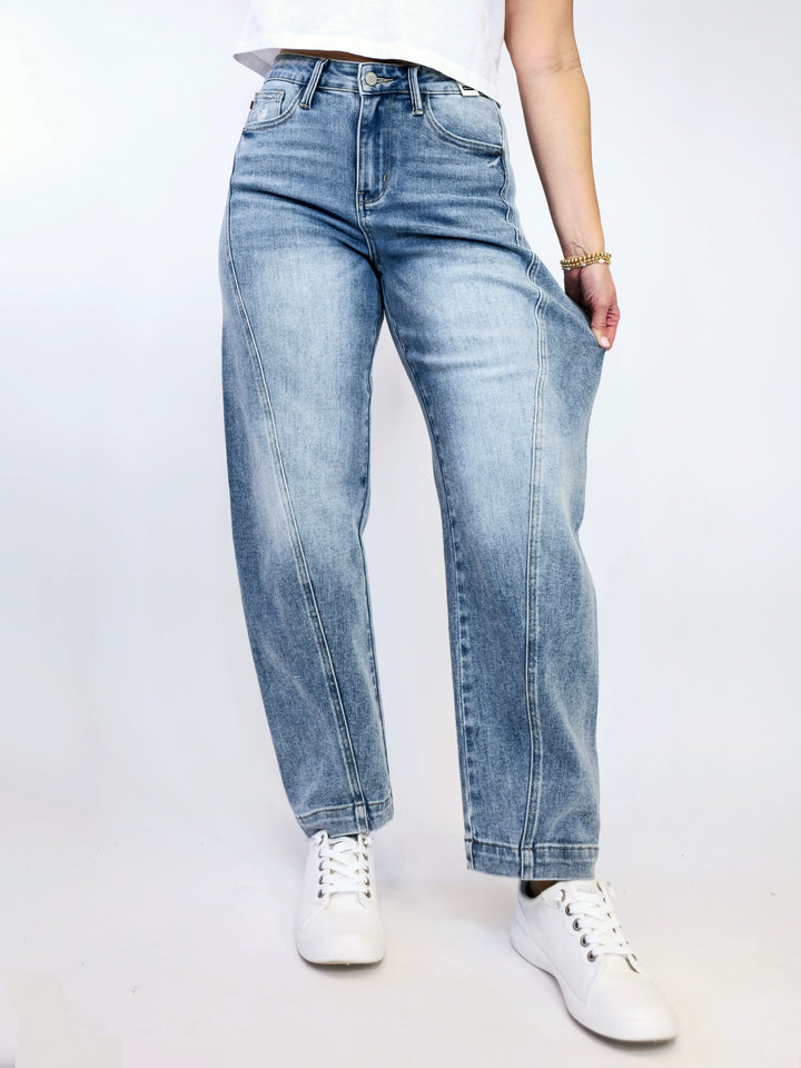 JUDY BLUE HW SIDE PANEL BARREL LEG JEANS - MEDIUM -29" INSEAM