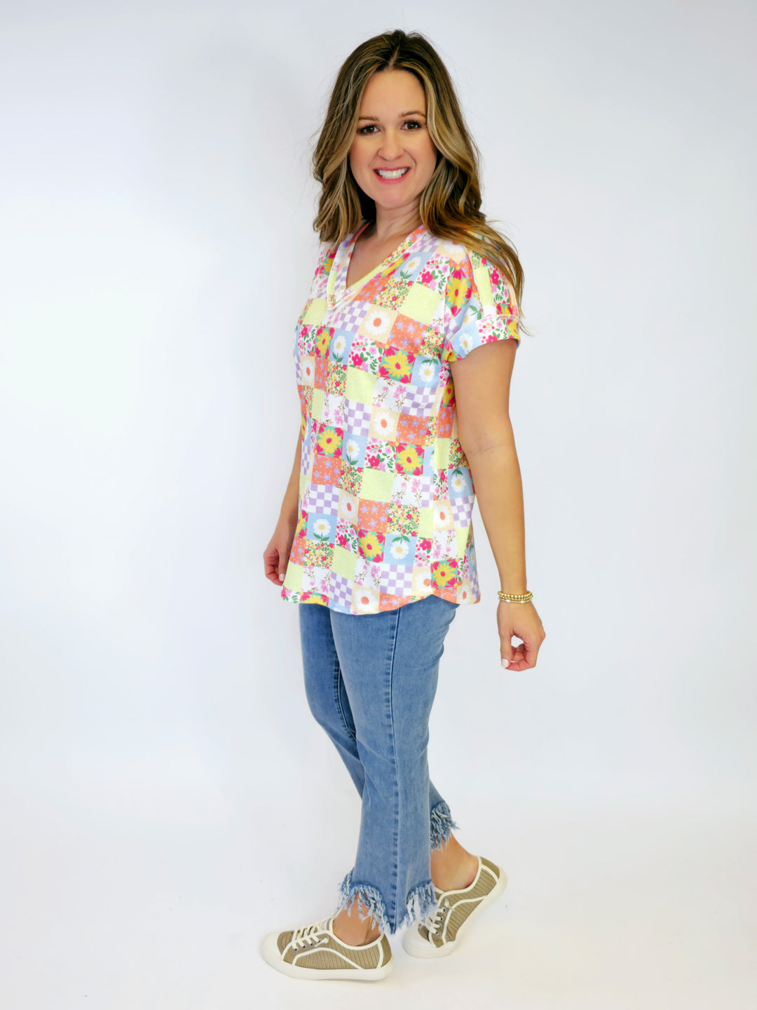 VNECK DOLMAN SHORT SLEEVE SQUARE PRINTED TOP - LAVENDER