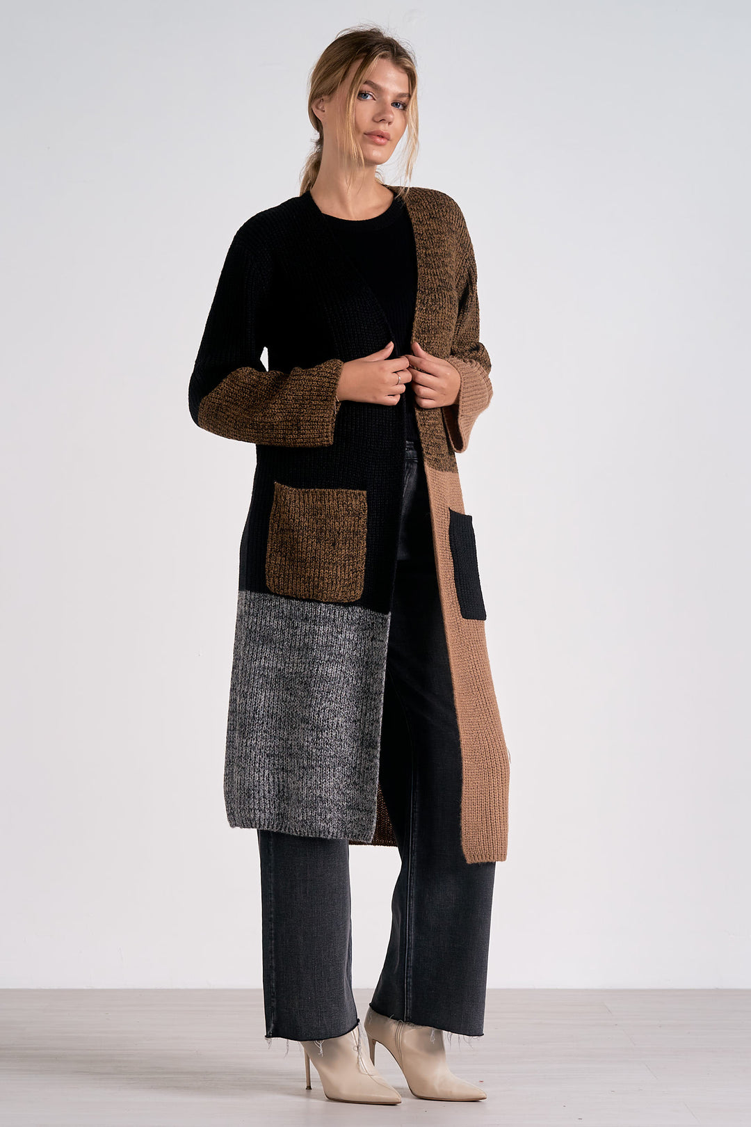 COLOR BLOCK LONG CARDIGAN - BLACK/BROWN