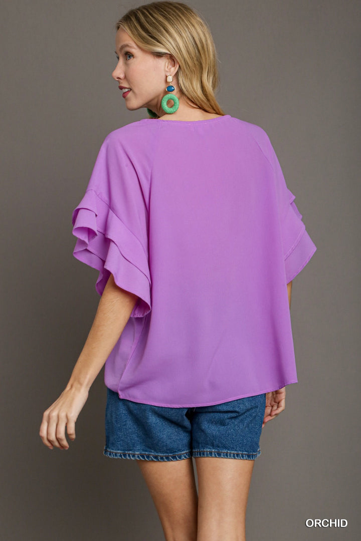 LAYERED RUFFLE SLEEVES BOXY CUT BLOUSE - ORCHID