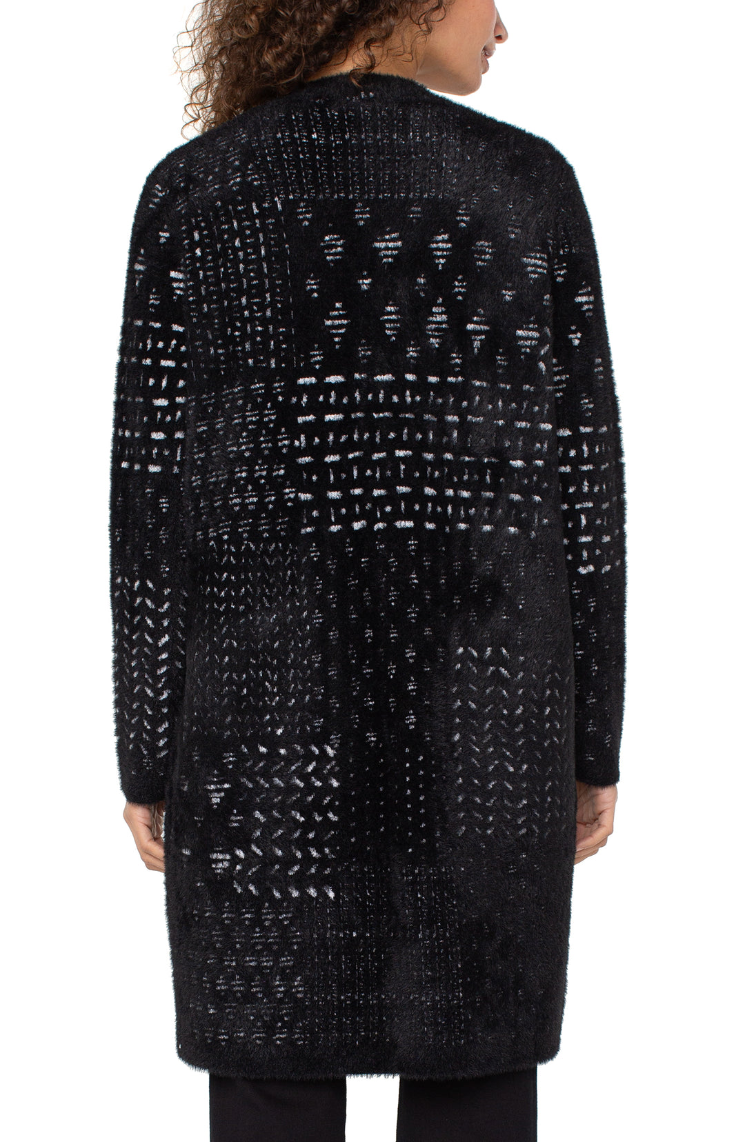 LONG SLEEVE COLLARLESS OPEN FRONT SWEATER COAT - BLACK/WHITE PATCHWORK